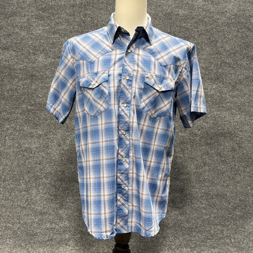 Wrangler Shirt Mens Large Blue Plaid Pearl Snap Western Short Sleeve Cowboy